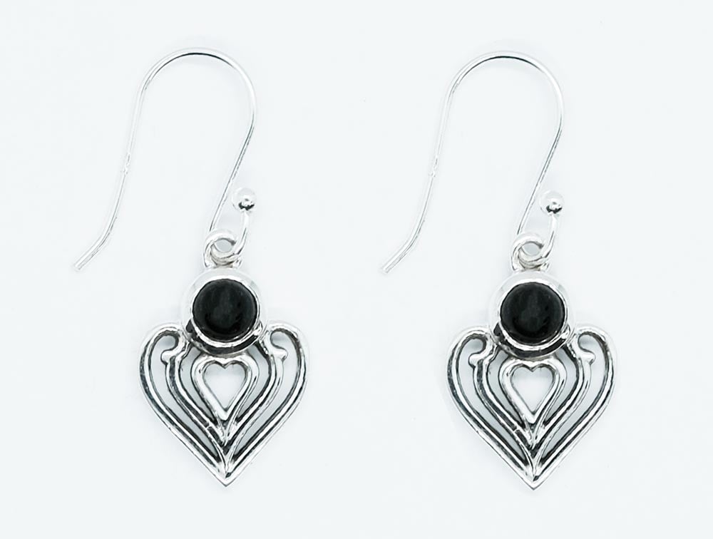 Silver Earring Heart Onyx
