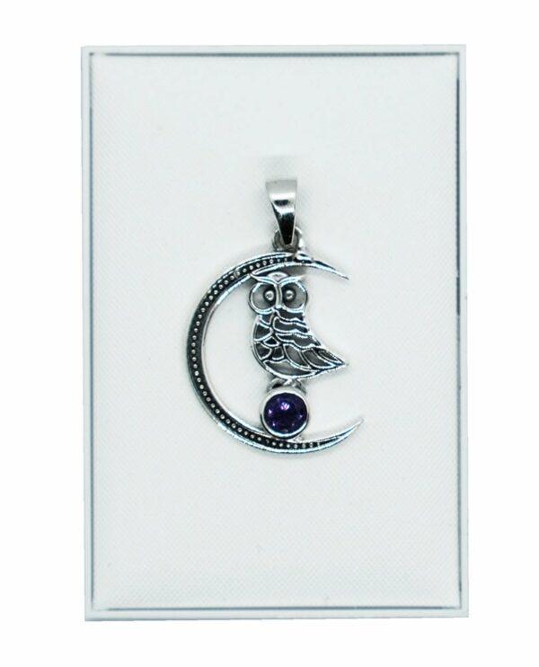 Silver Pendant Moon Owl Amethyst