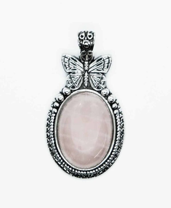 Pendant B/fly Oval Rose Quartz