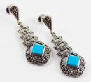 Earring Silver Marcasite Square Stone Drop Turquoise