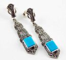 Earring Marcasite Point Square Stone Drop Turquoise