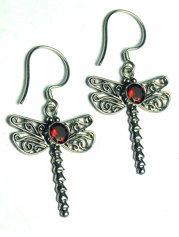 Silver Earring Dragonfly Garnet