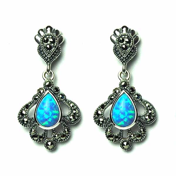 Silver Earring Marcasite Blue