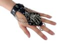 Leather Bracelet Black Skeleton Hand With Finger Chains
