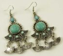 Earring Pewter Turquoise Hanging Fan Shape