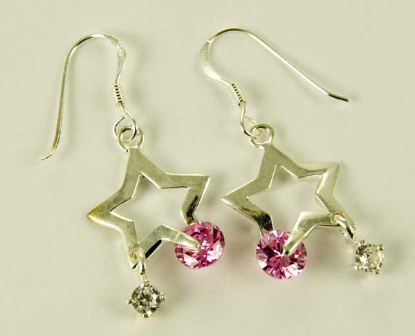 Silver Earring Star Pink L3cm